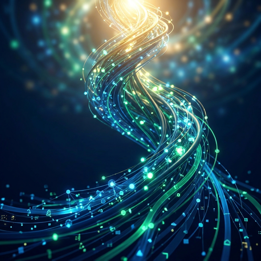 Glowing interconnected content network spiraling upward, representing how to get more organic traffic without paid advertising