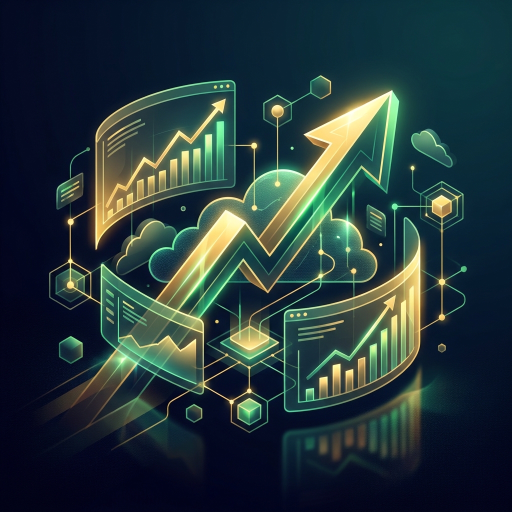 Glowing dashboard visualization representing a white-label AI content platform for agencies with rising margin metrics