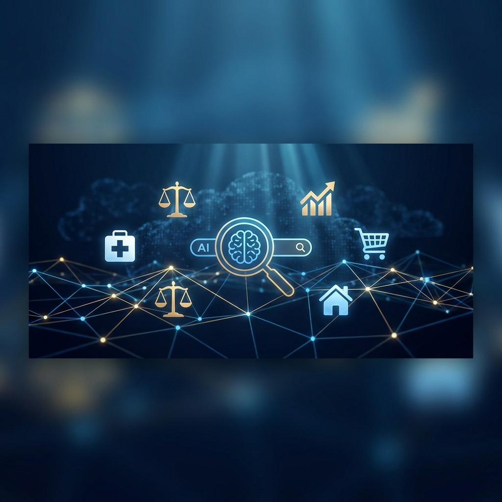 Illustrated network of industry icons connected to an AI search interface, representing how to appear in AI search results for your industry