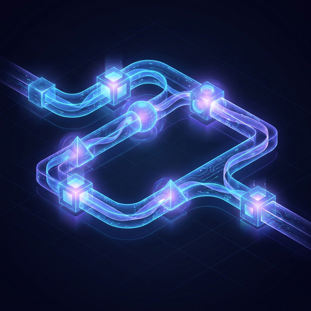Glowing digital pipeline illustration representing AI content workflow automation end to end with six connected stages