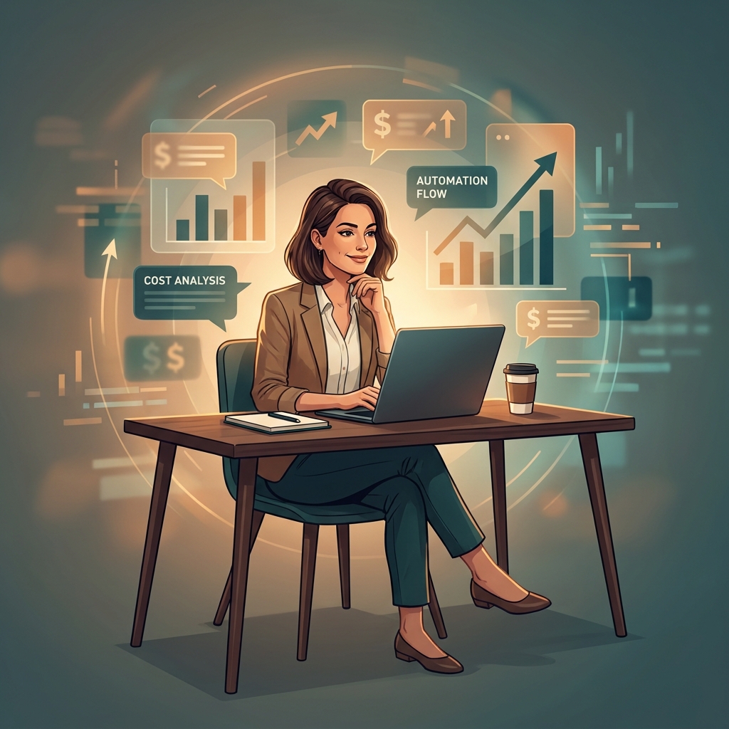 Bootstrapped founder reviewing marketing automation cost decisions with glowing data visualizations