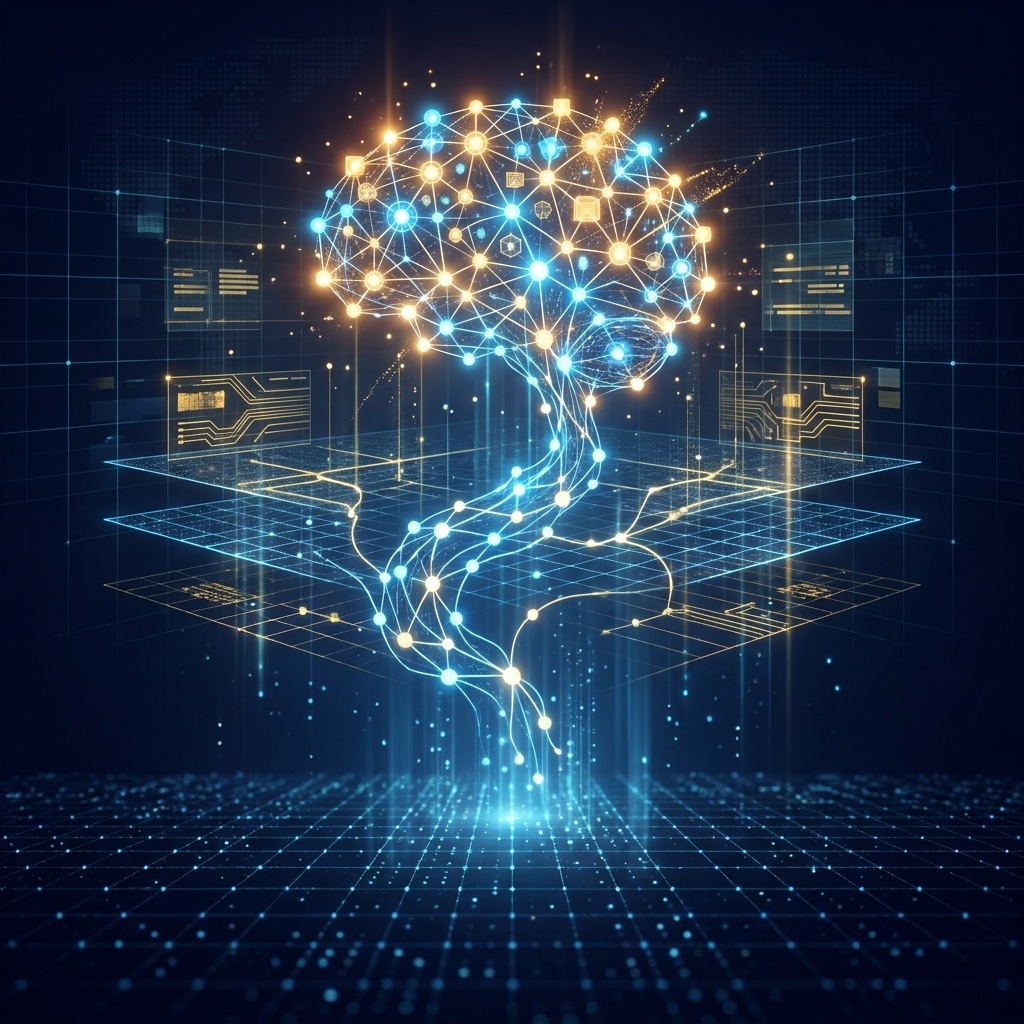 Glowing AI content network rising through structured data layers, representing how to make AI content rank in Google