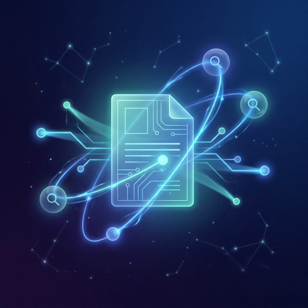 Glowing content structure blueprint connected to AI search nodes, representing RAG-ready formatting for AI search results.