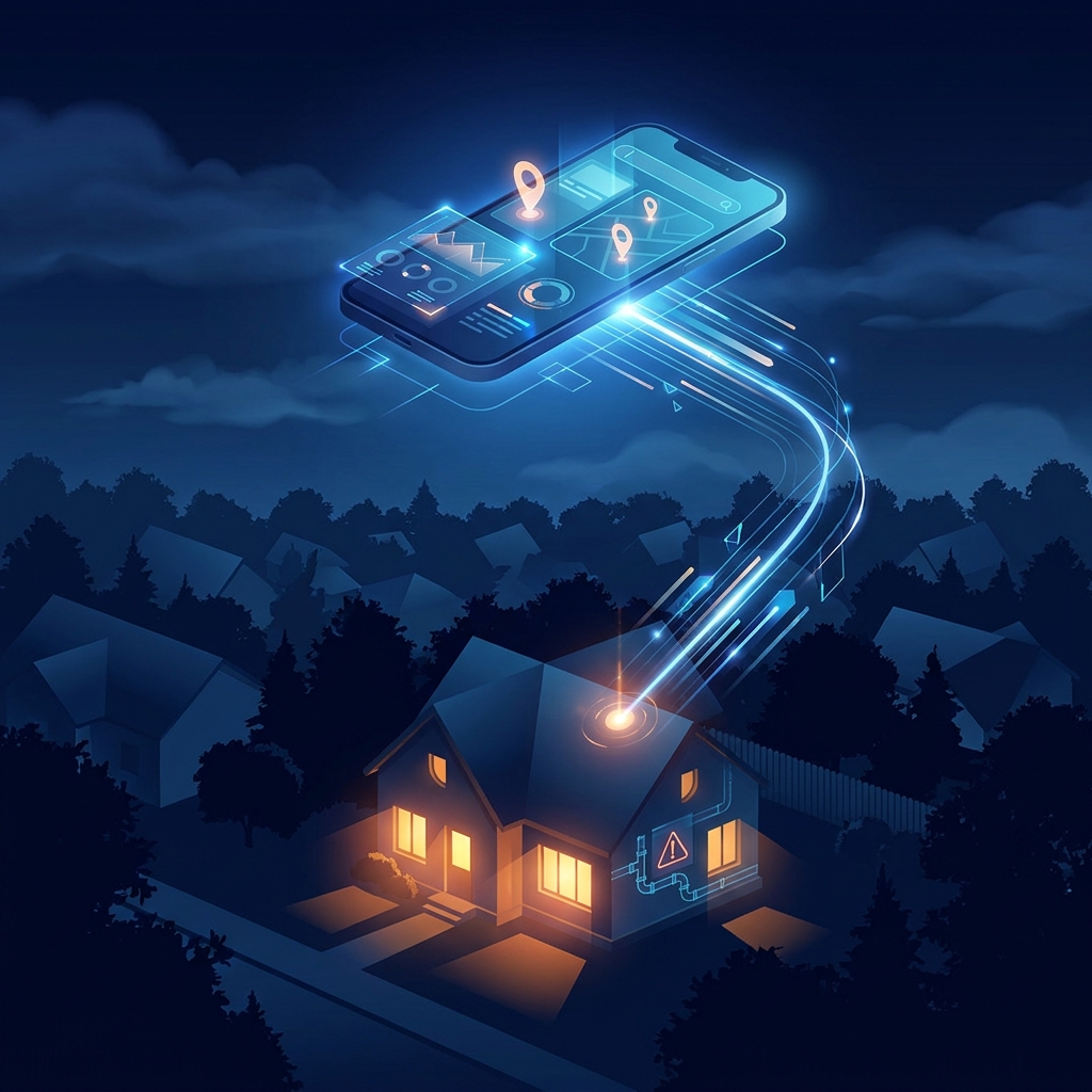 Smartphone displaying local search results connecting to a home emergency at midnight, representing SEO content for home services companies.