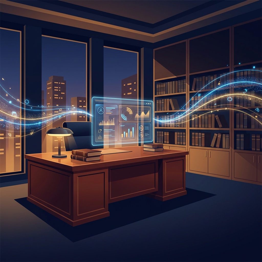 Automated content marketing for legal firms shown as glowing data streams in a modern law office