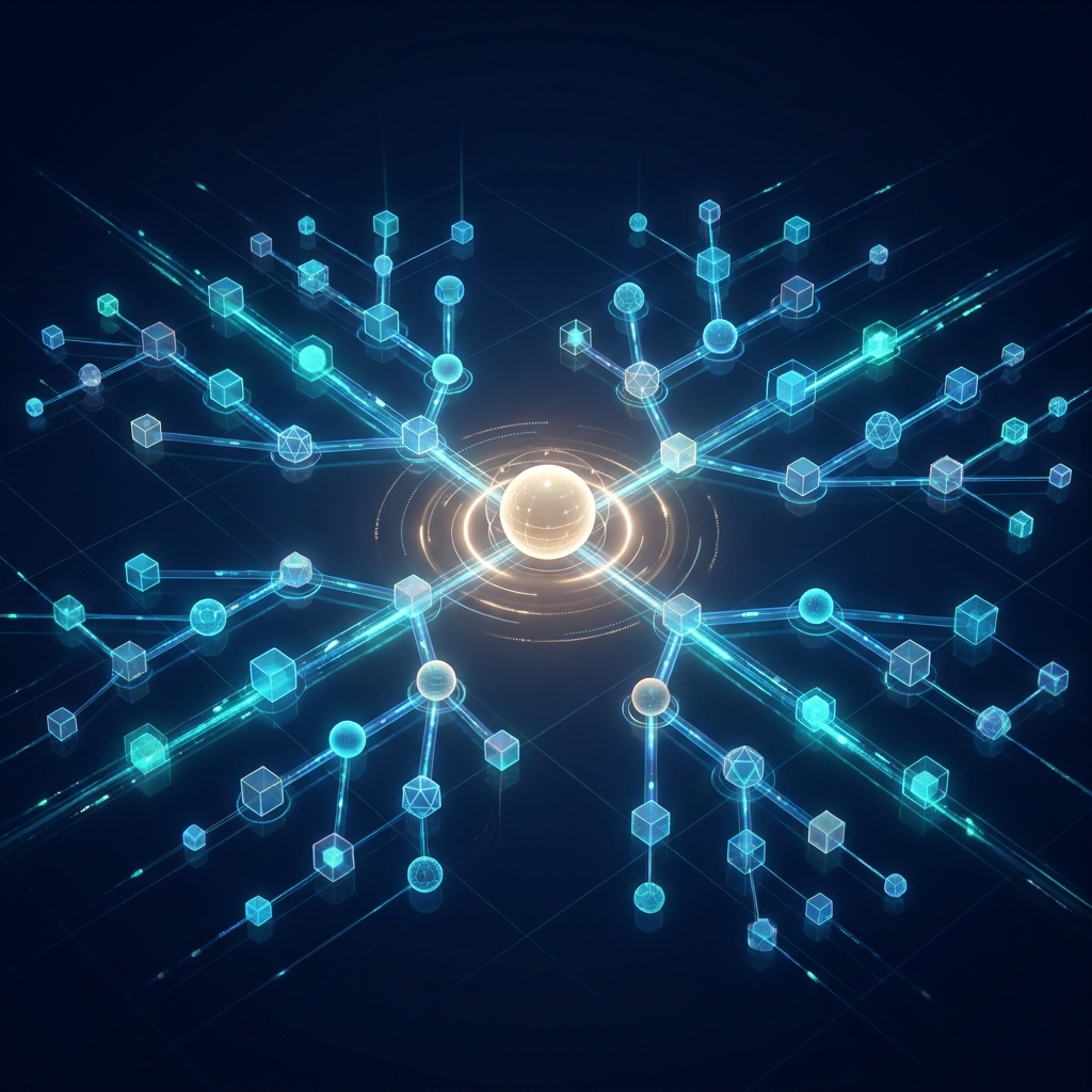 SEO content automation for mature SaaS companies visualized as a glowing interconnected content network