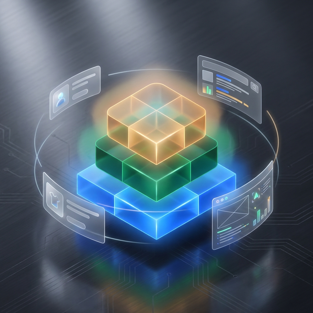 Three-surface SEO content strategy for e-commerce product pages visualized as a glowing geometric prism