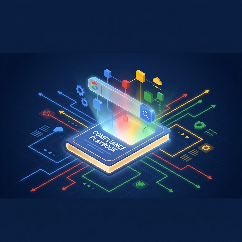 Illustrated compliance playbook glowing with structured SEO pathways representing Google's recommended SEO best practices 2026