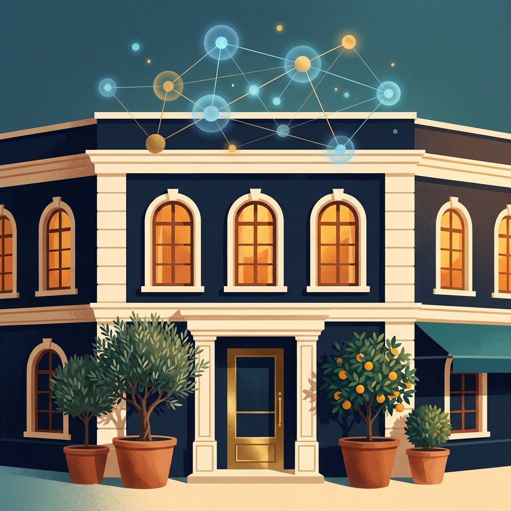 SEO content for boutique hotels illustrated as a glowing independent hotel with a digital content ecosystem overlay