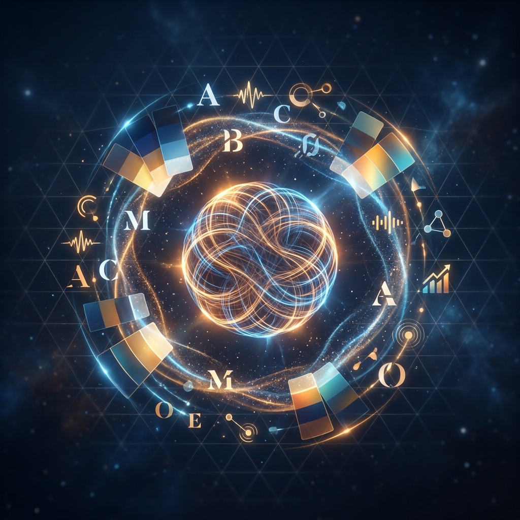 Glowing AI core surrounded by orbiting brand identity elements, representing persistent brand context in AI content platforms.