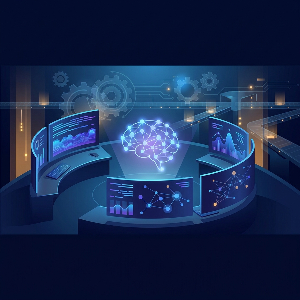 Futuristic AI content strategy command center with glowing neural networks, illustrating how to build a content strategy with AI tools