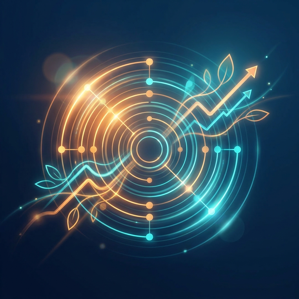 Glowing flywheel illustration representing organic traffic growth through content marketing compounding over time