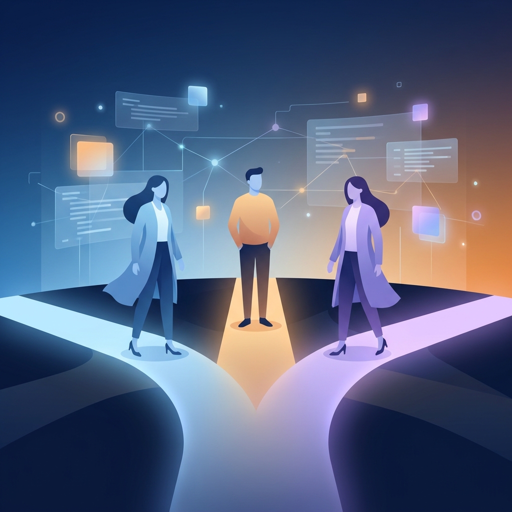 Illustrated personas choosing tailored AI content platform paths — AI content platform buying guide 2026 decision framework