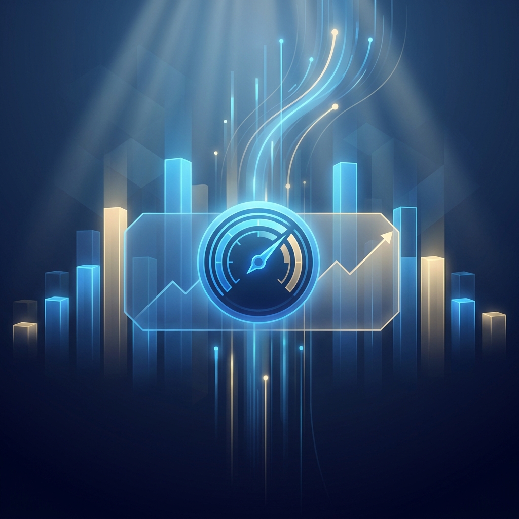 Glowing velocity gauge and rising SEO ranking charts illustrating content velocity and SEO ranking correlation