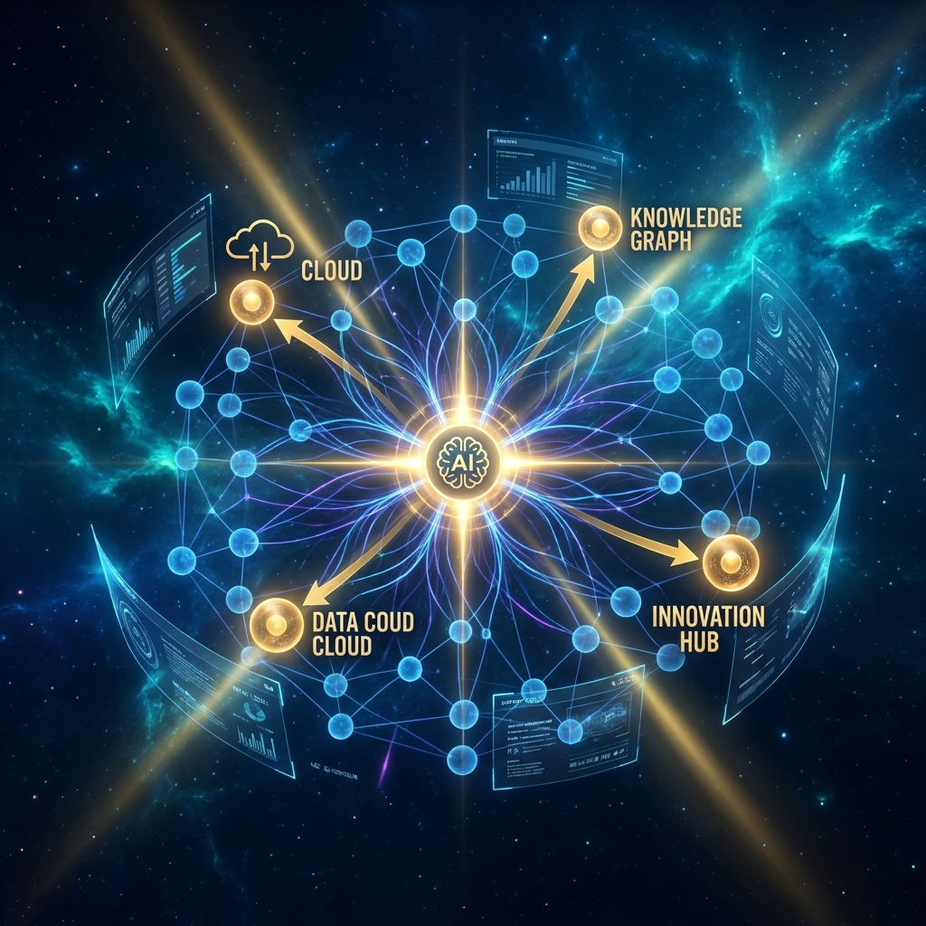 Glowing AI citation network illustrating SEO content for AI-driven search discovery across multiple platforms
