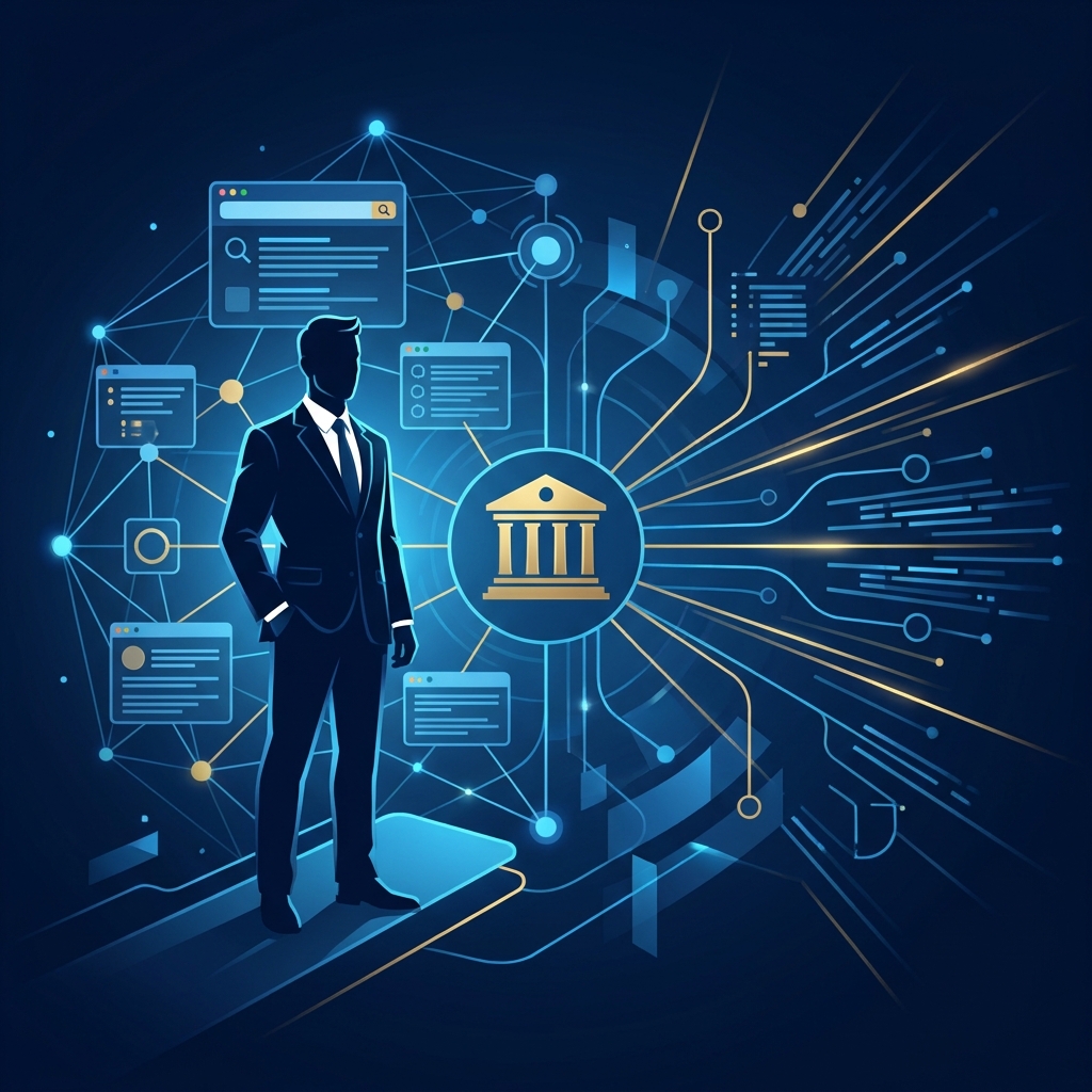 SEO content strategy for personal injury lawyers visualized as a glowing digital authority network