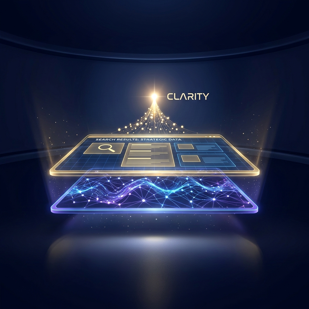AI-powered SEO for e-commerce brands shown as dual-layer holographic search and AI visibility display