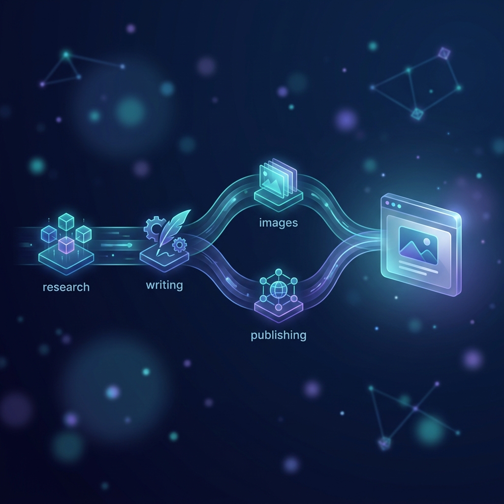 Glowing automated content pipeline illustration representing an SEO content platform with image sourcing automation