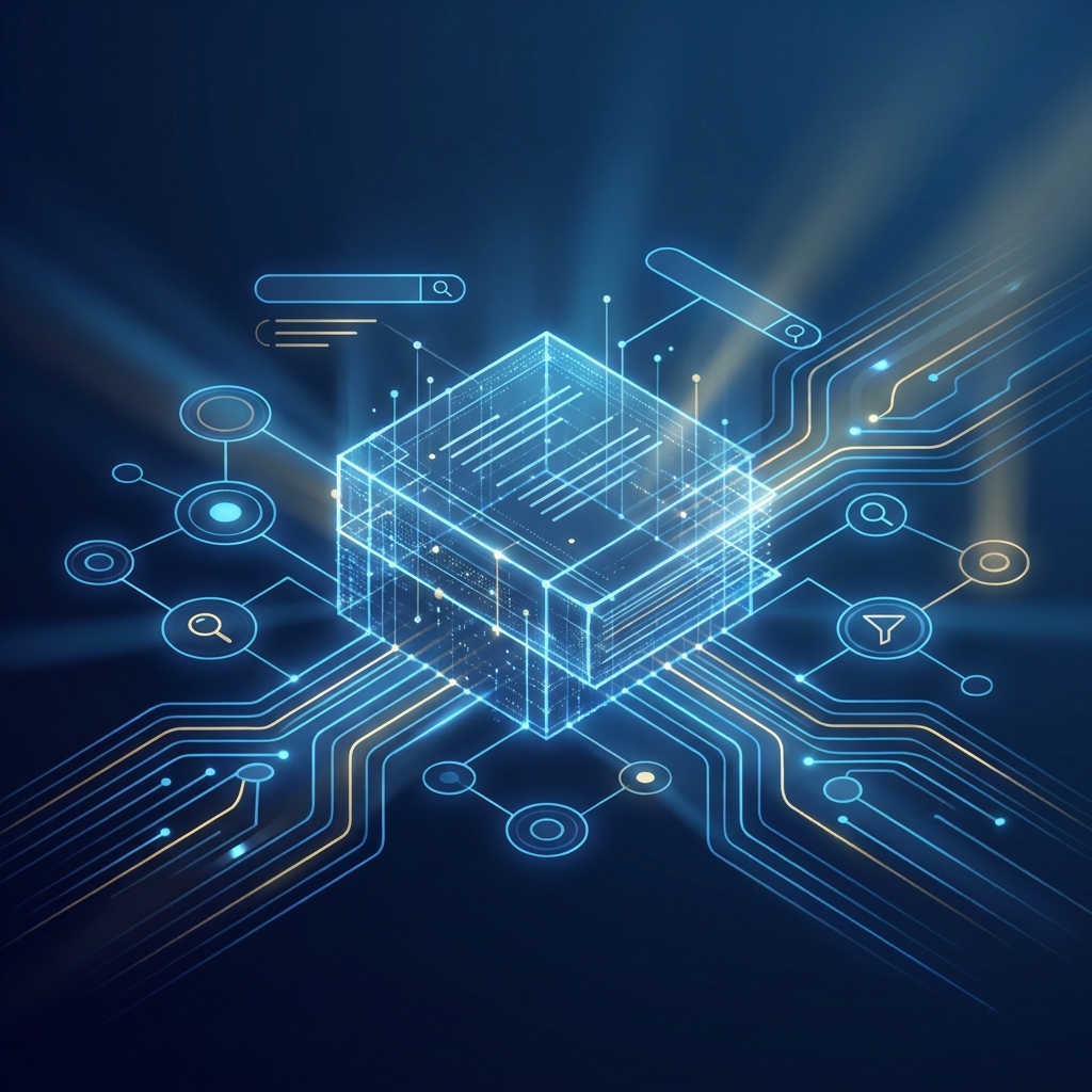 Conceptual illustration representing search compliance optimization as a structured digital framework with interconnected nodes