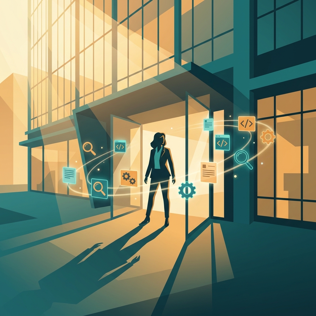 Content marketing for coding bootcamps illustrated as a student surrounded by glowing digital content and search signals