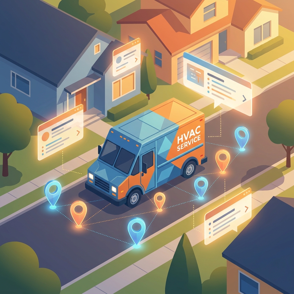 Illustrated HVAC service van connected to a glowing local search network, representing SEO content for HVAC contractors