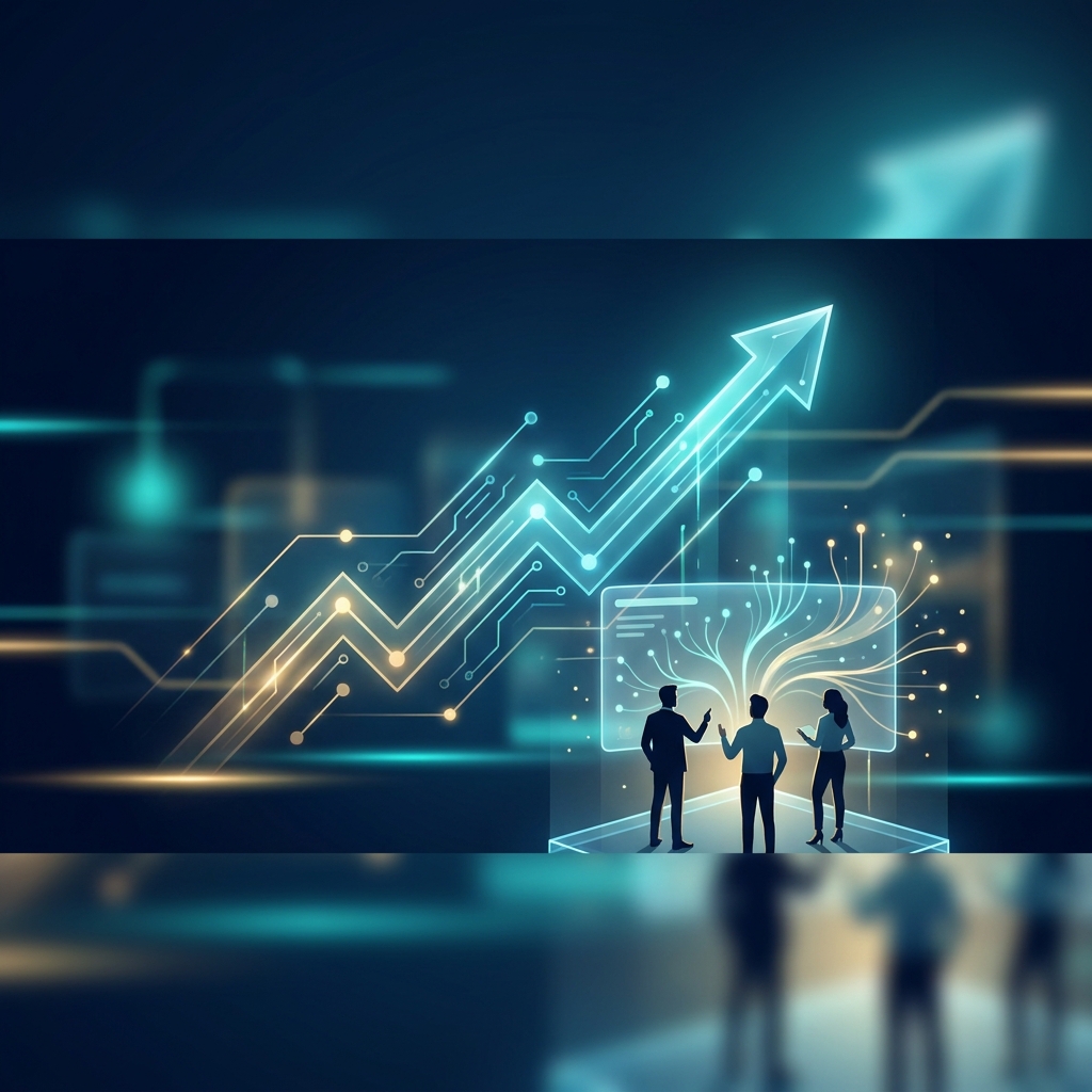 SEO content automation for growth-stage companies illustrated as a glowing growth dashboard with interconnected content networks
