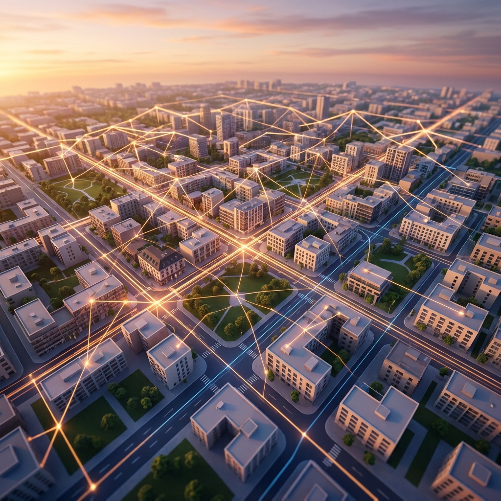 Aerial city grid with glowing network connections representing content marketing for real estate brokerages at scale