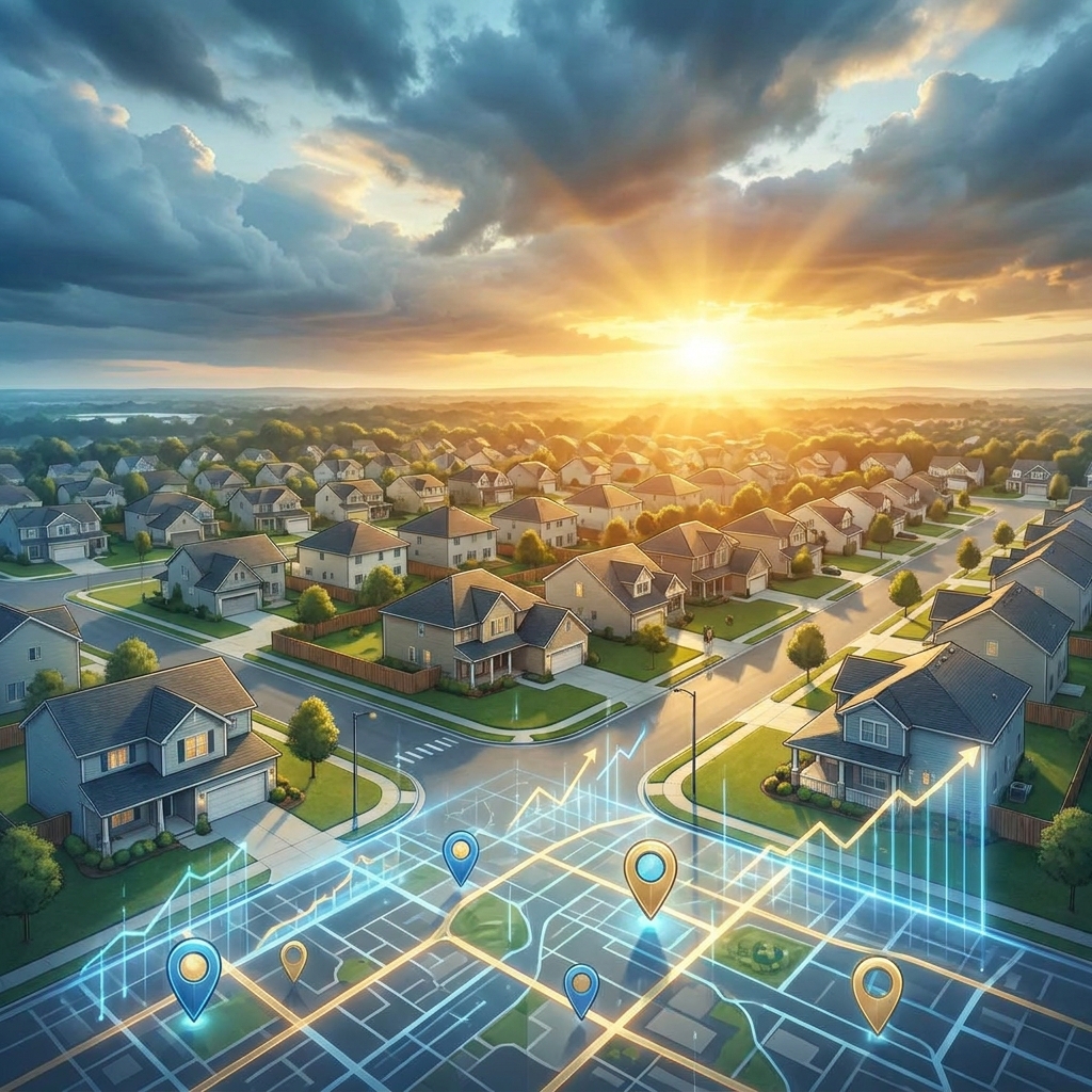 Aerial neighborhood view with storm clouds and digital map overlay representing a local SEO content strategy for roofing companies