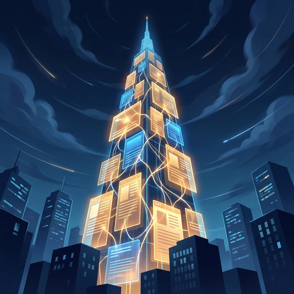 Glowing content tower rising above competitors, illustrating how to outrank competitors with content volume