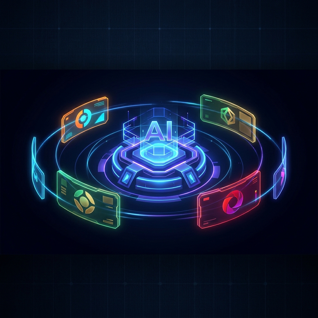Futuristic AI command center managing multiple client brand dashboards, representing AI content tools for marketing agencies 2026