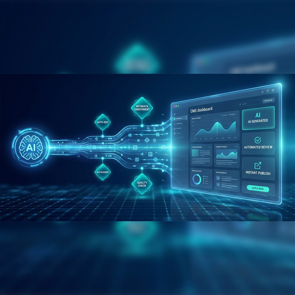 Illustration of an AI content platform with CMS integration showing automated publishing pipeline with glowing data streams