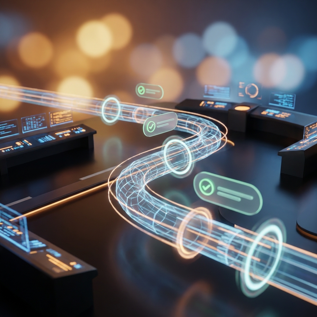 Tiered content approval workflow for AI-generated content illustrated as a glowing structured pipeline with review checkpoints