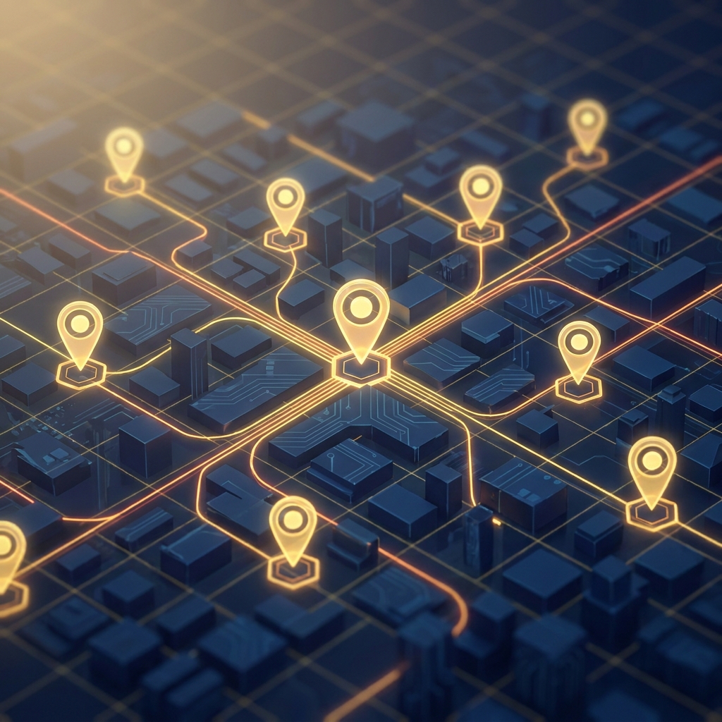 Isometric city map with glowing connected location pins illustrating SEO strategy for multiple business locations