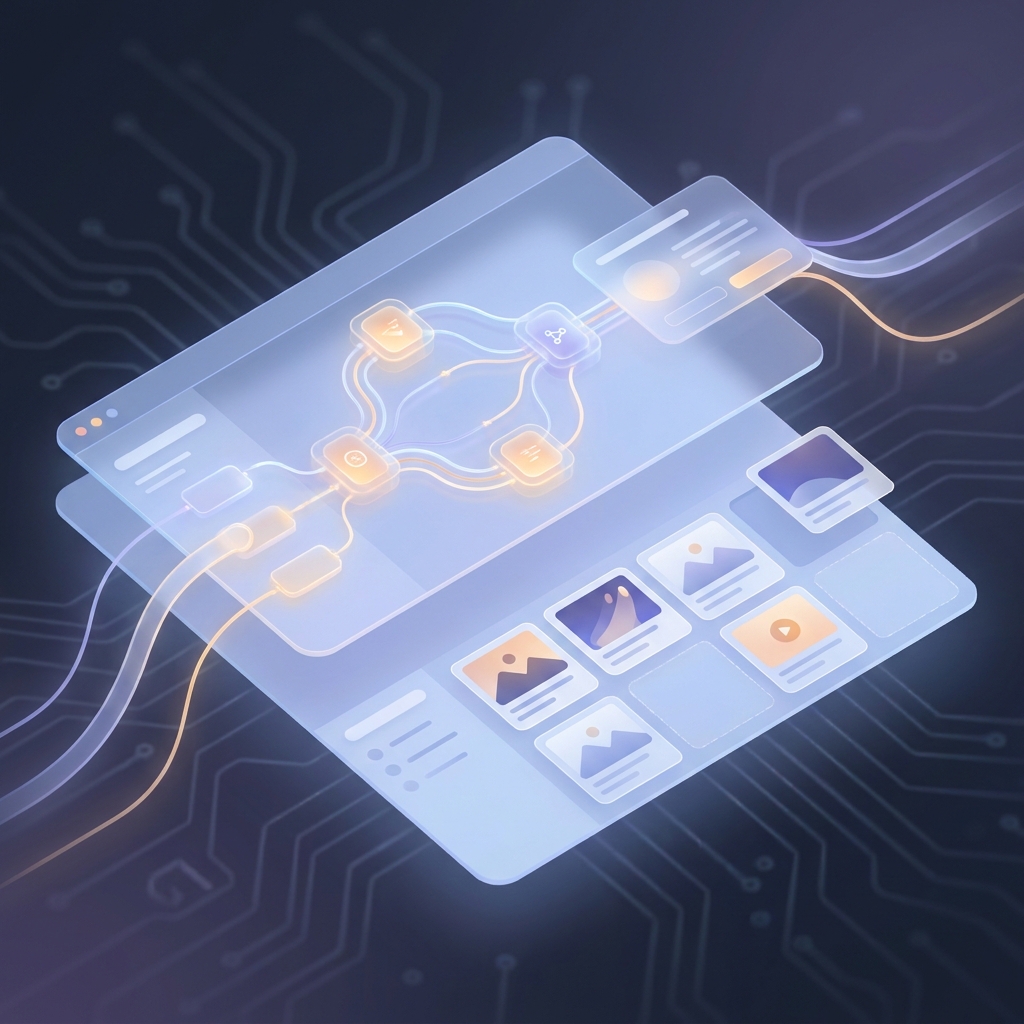 Illustration showing automated image selection for blog content with glowing AI workflow nodes and organized image grid