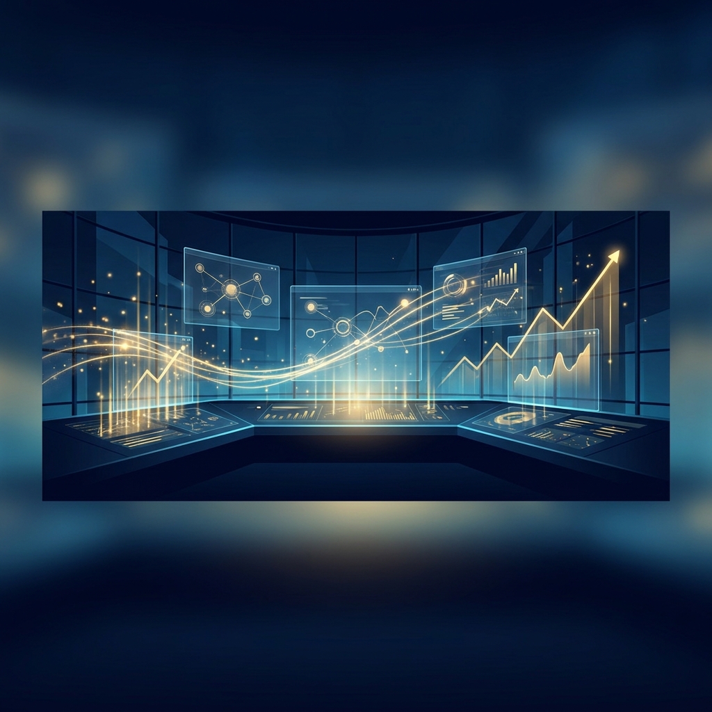 Futuristic SEO content platform with performance tracking dashboard showing glowing analytics and upward growth metrics
