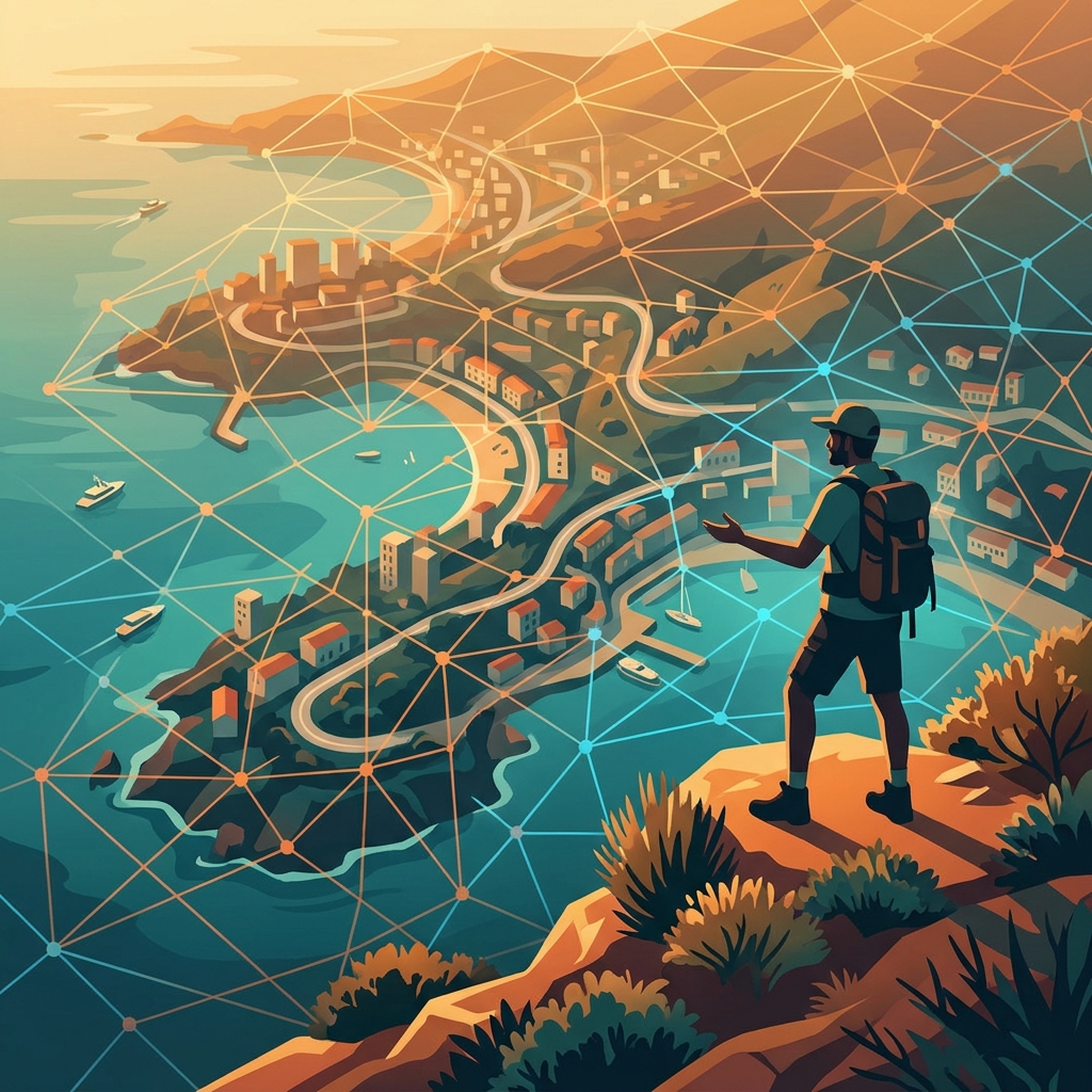 SEO content strategy for tour operators illustrated as a destination matrix grid overlaid on a scenic travel landscape