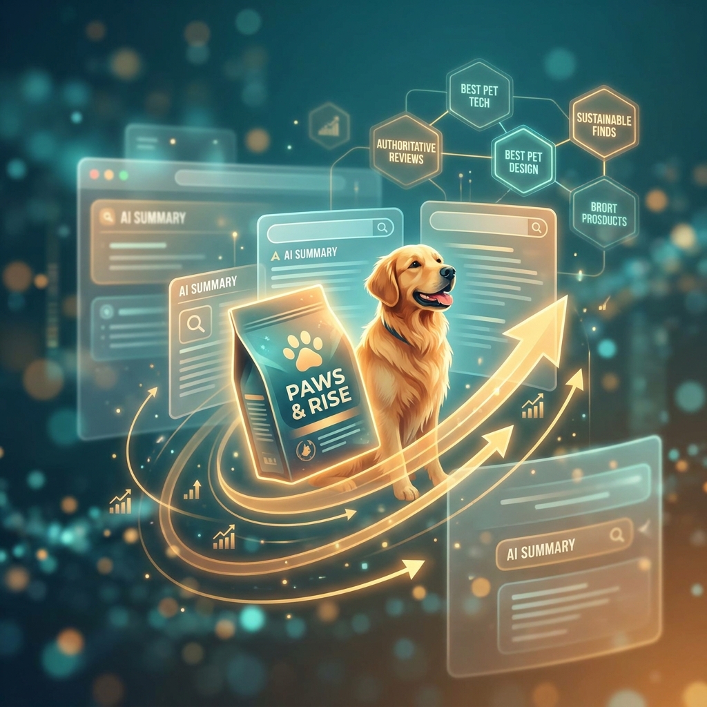 SEO content strategy for pet product brands illustrated as glowing AI search panels surrounding pet products and a dog
