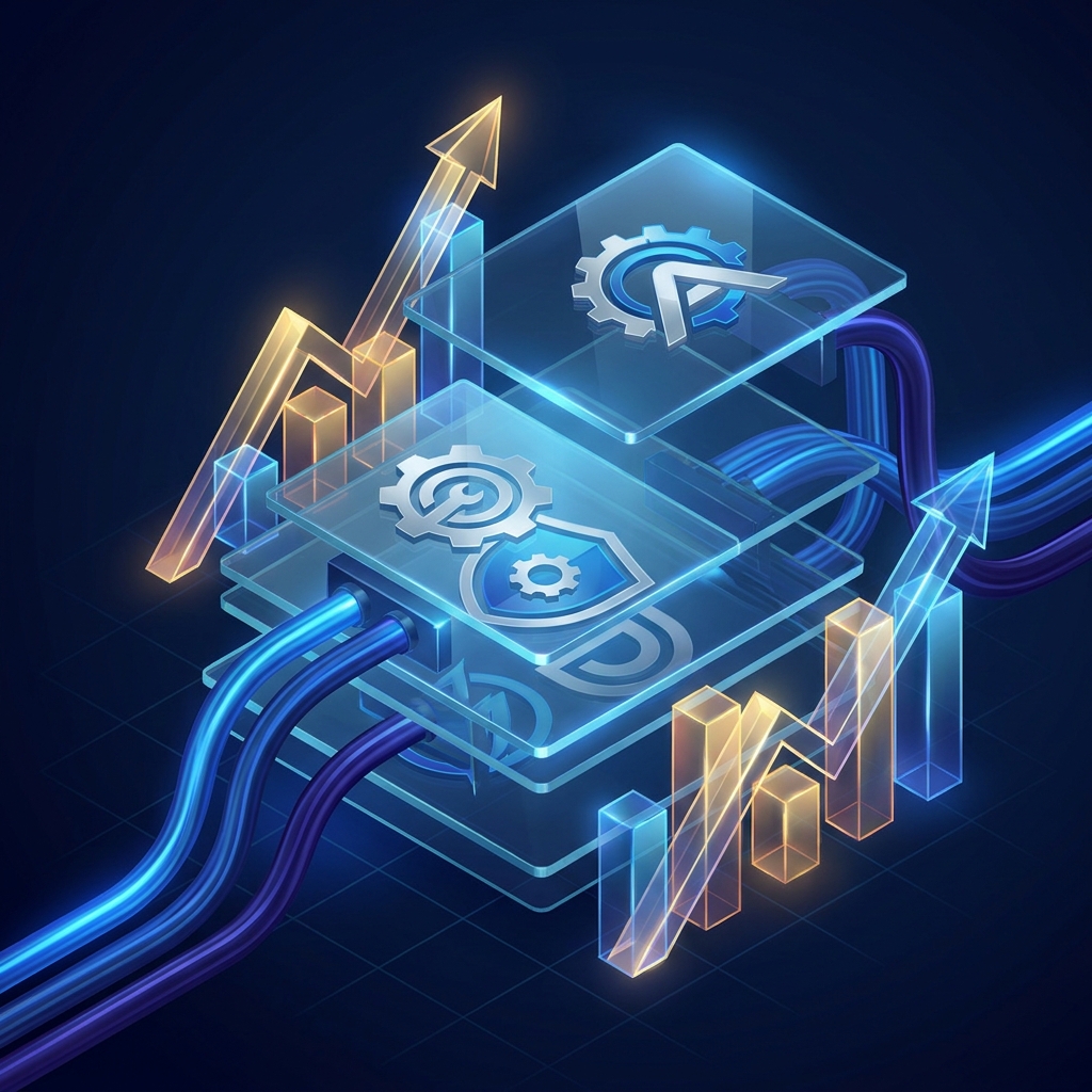 Isometric illustration of a white-label content marketing platform for resellers with layered branded dashboards