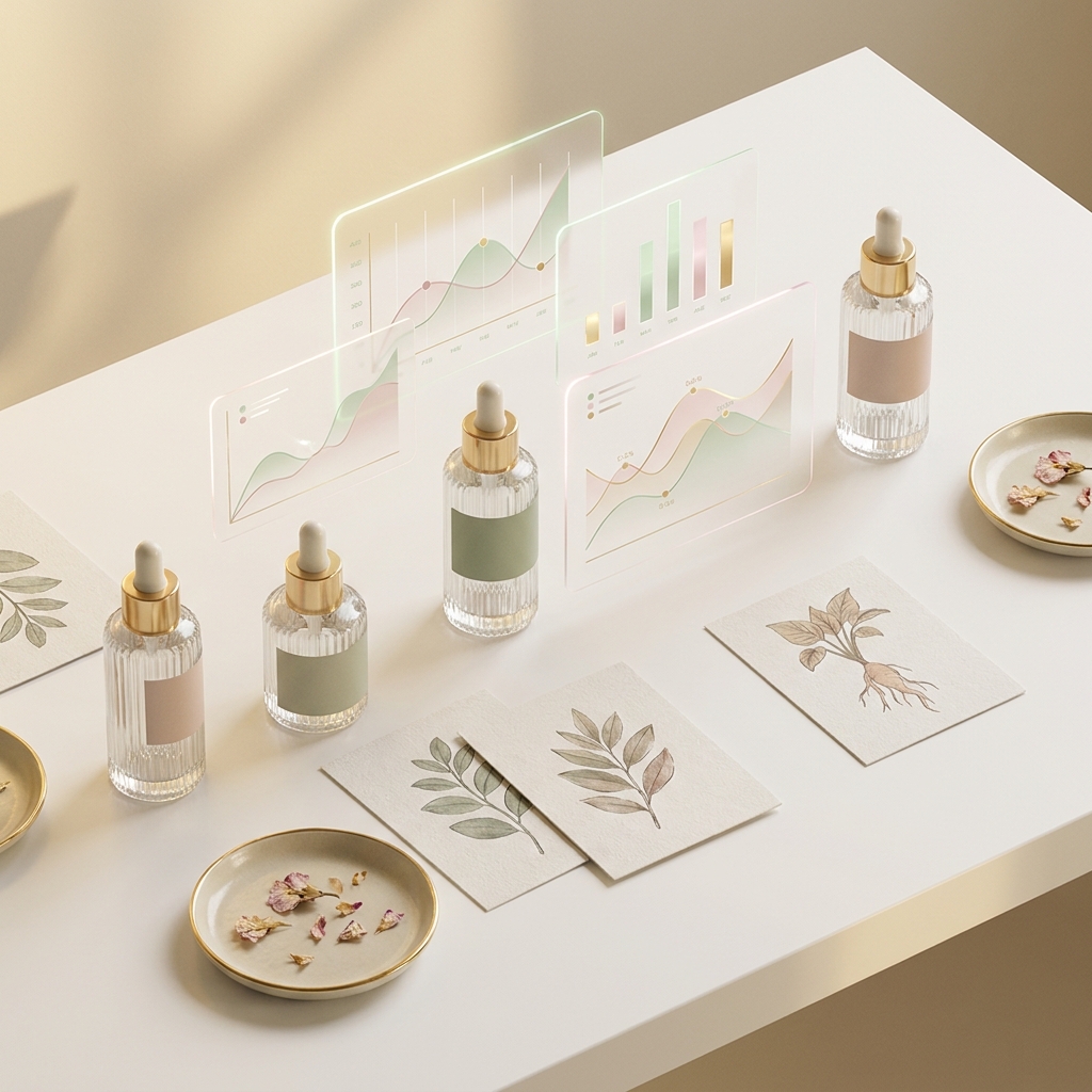 Content marketing strategy for DTC skincare brands illustrated through elegant product and data visualization flat lay