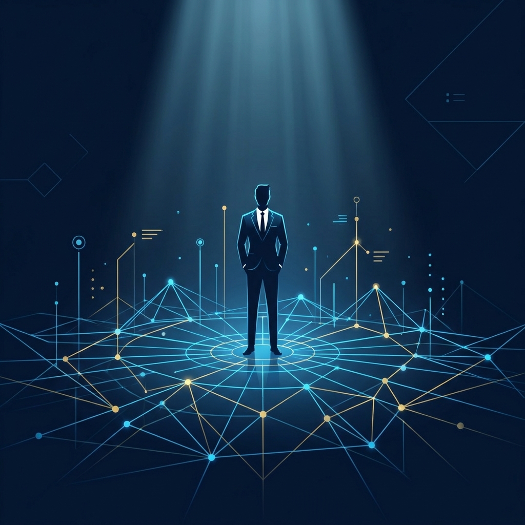 SEO content for relocation specialist services illustrated as a glowing authority network connecting corporate decision-makers