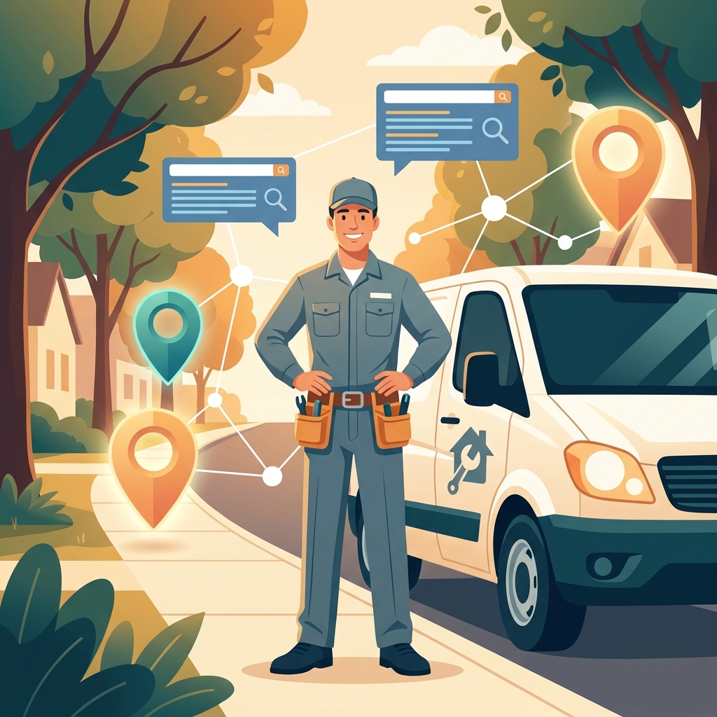 Local service business owner surrounded by AI search and content marketing signals illustrating how to use content marketing for local service businesses