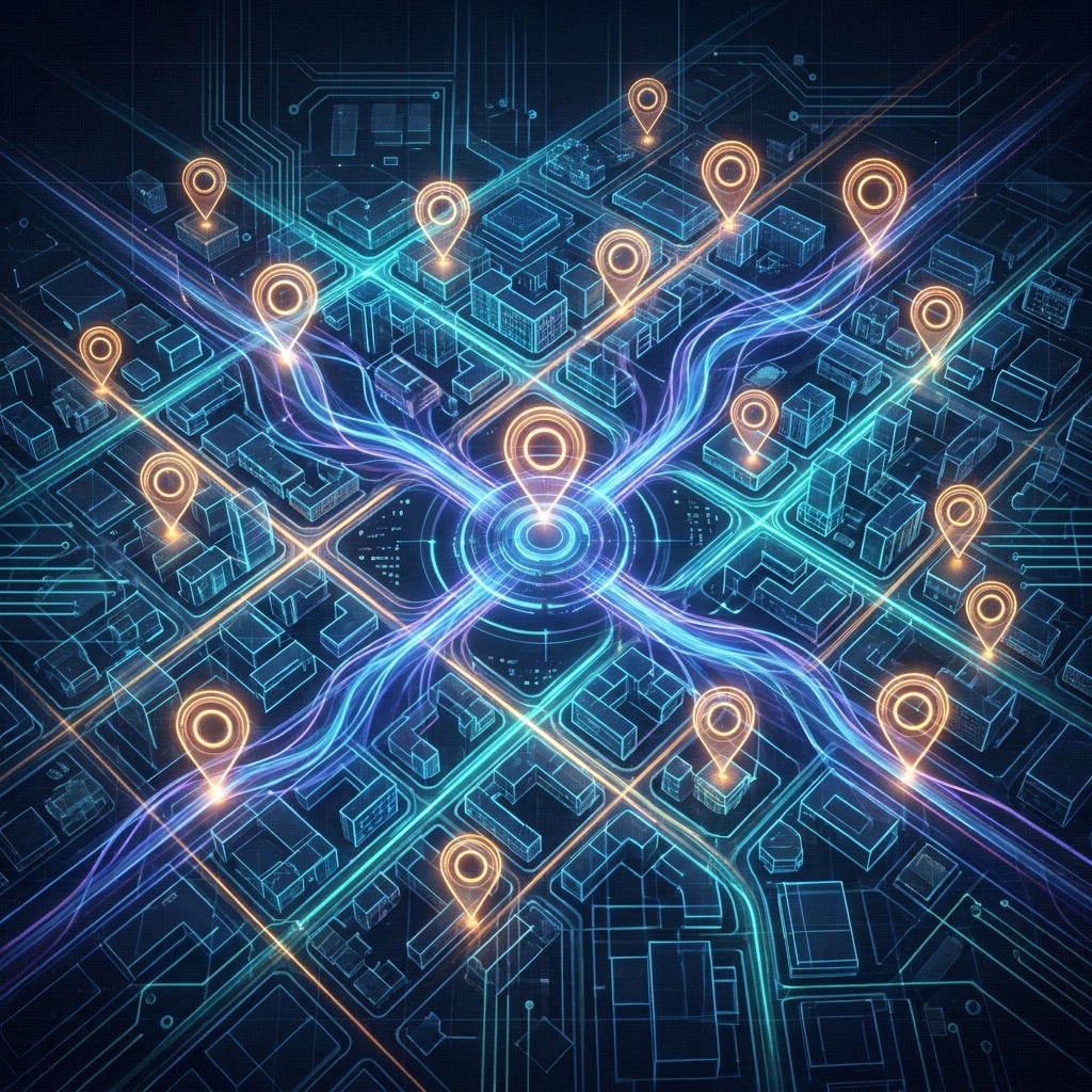 AI content tools for local SEO optimization illustrated as glowing city map with connected multi-location pins
