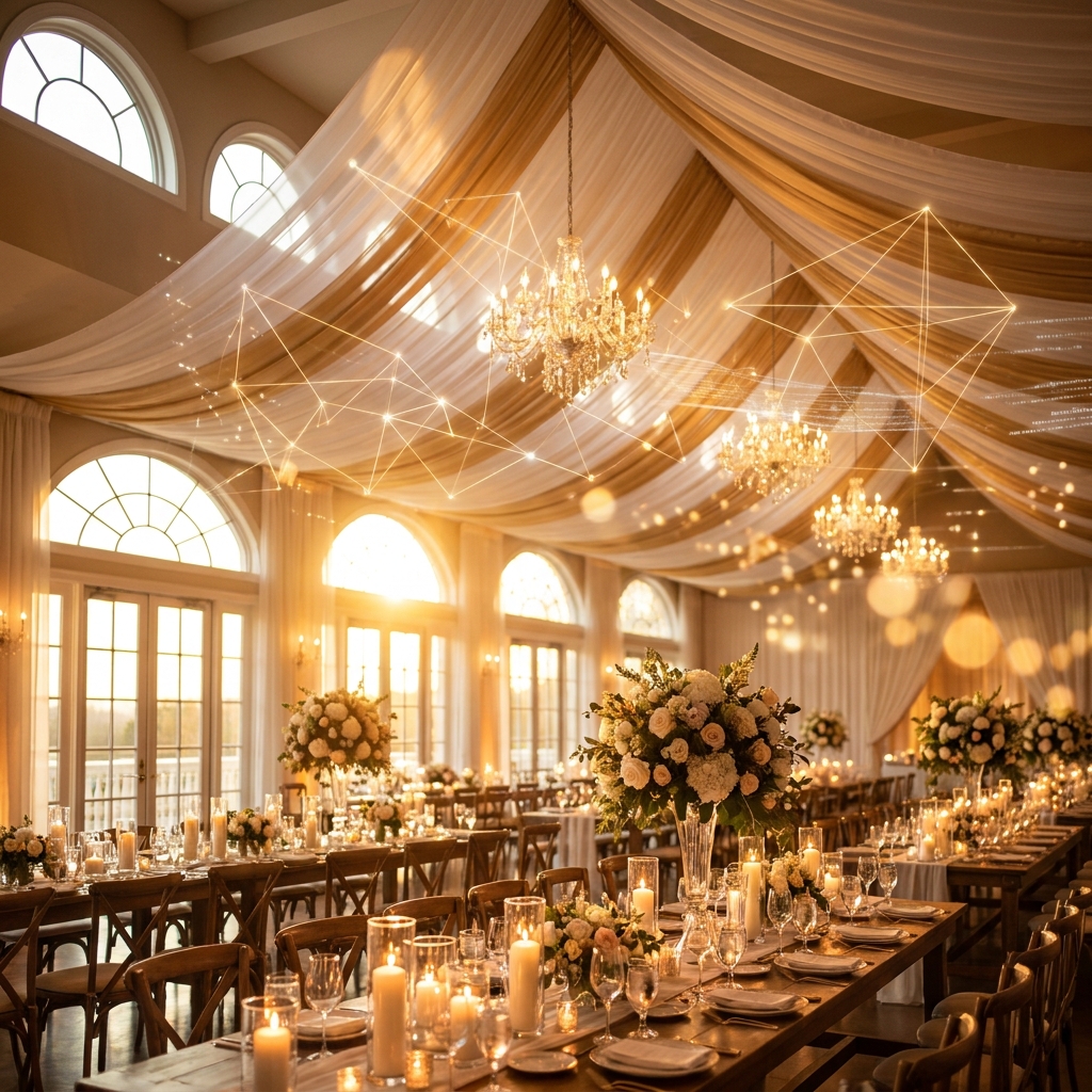 Elegant wedding venue interior with glowing digital network overlay representing content marketing for wedding venues