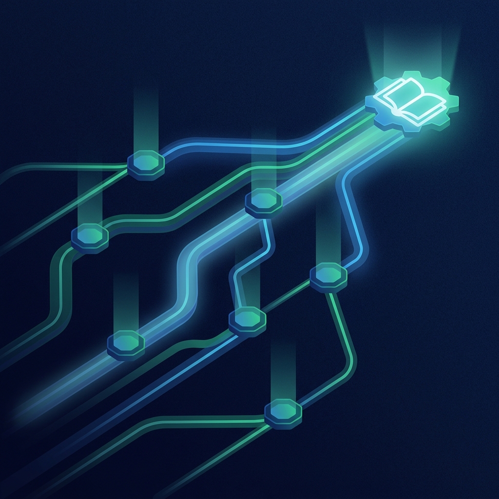 Glowing automated pipeline illustration representing AI content publishing to WordPress automatically