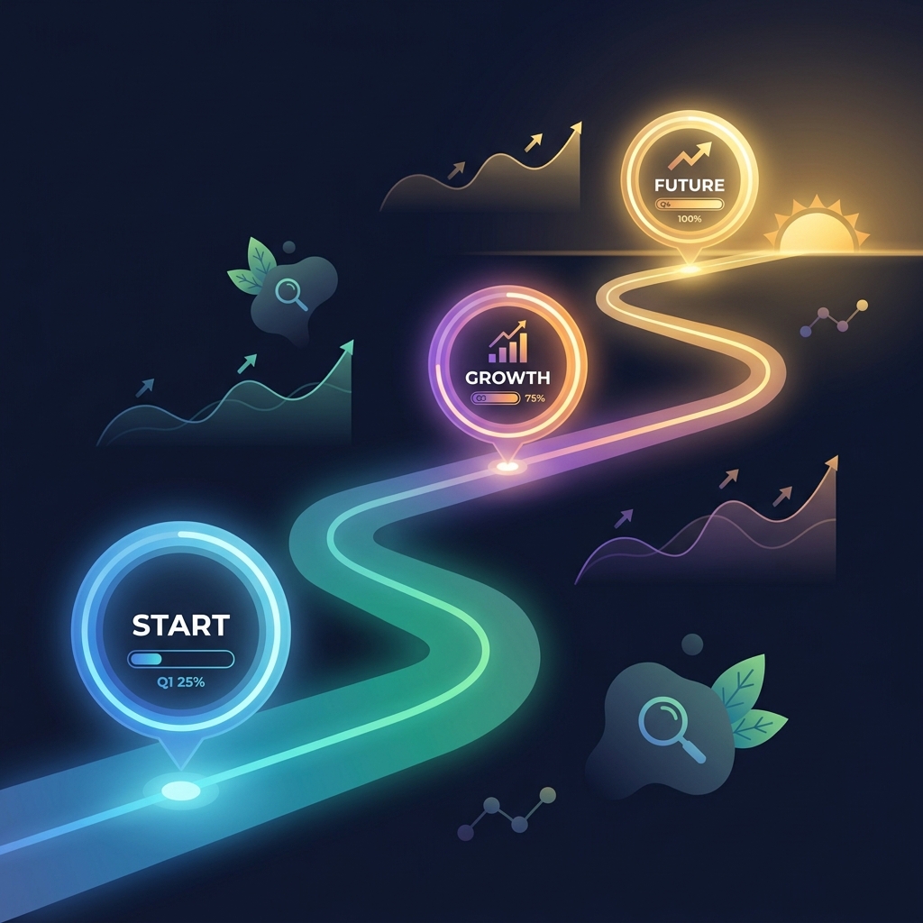 Illustrated SEO content results timeline showing milestone markers and upward growth trajectory over 60, 90, and 365 days