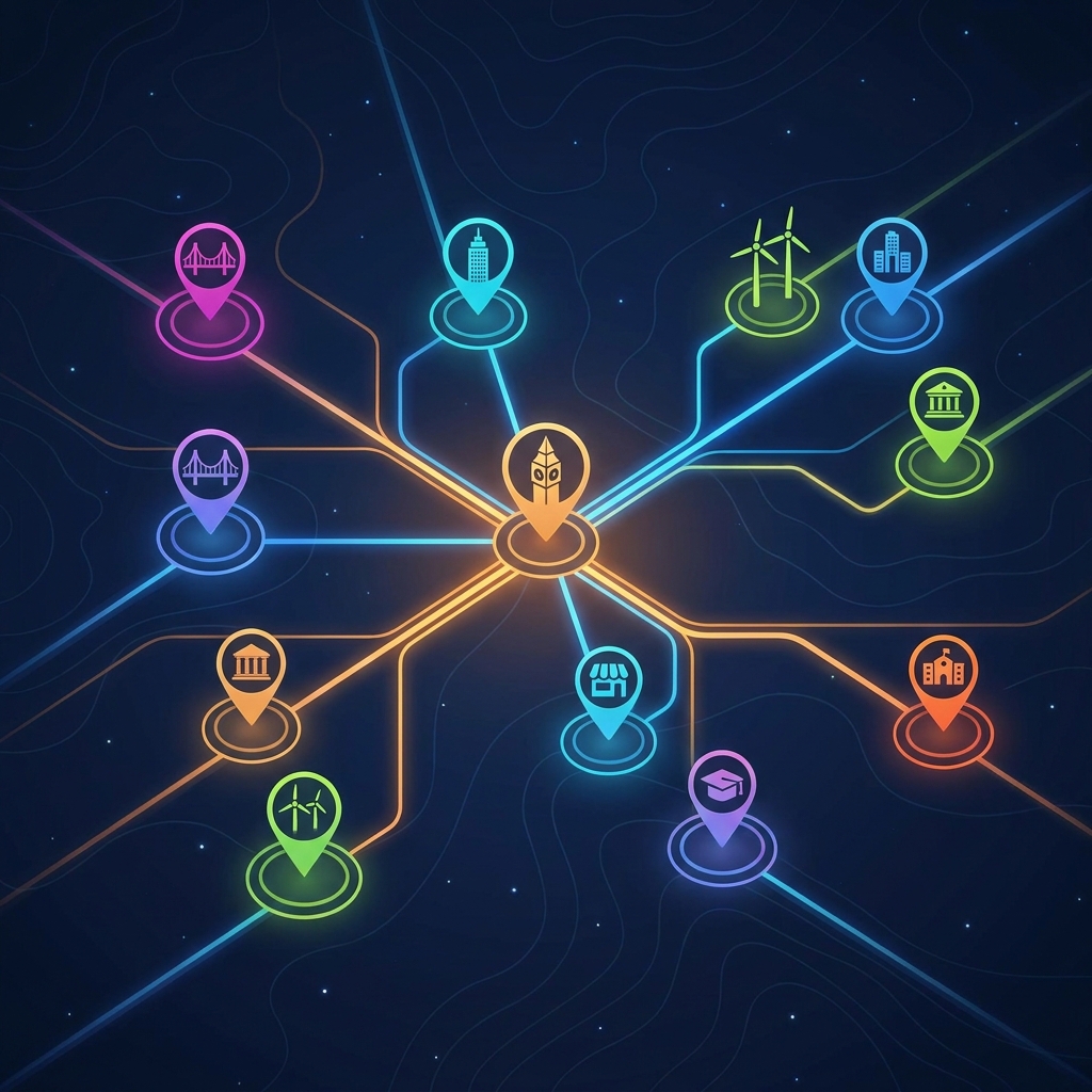 Illustrated map of connected city nodes representing how to create location-specific content at scale