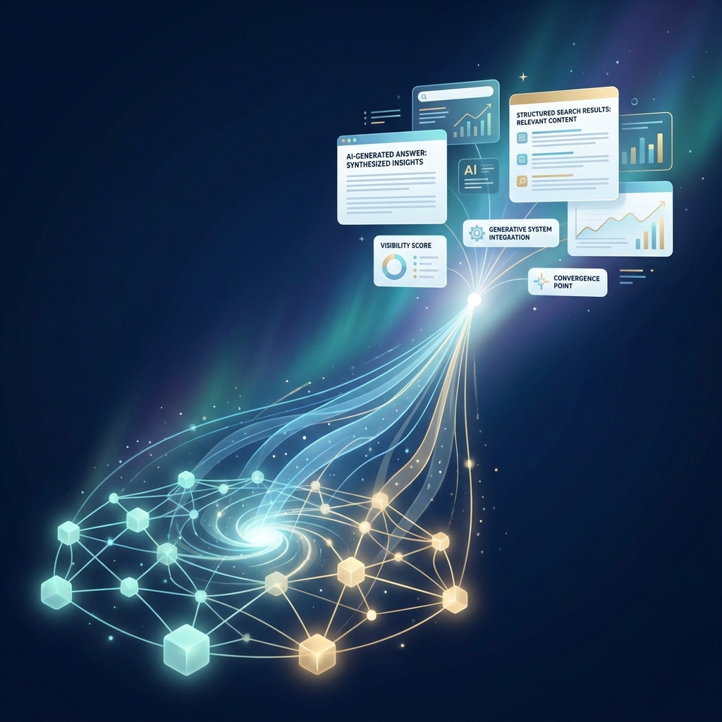 Stylized illustration representing GEO generative engine optimization concepts with glowing AI network nodes and search visibility