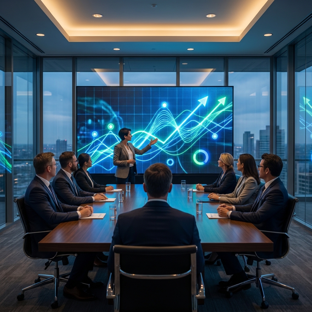 Marketing manager presenting AI content investment ROI to executives in a modern boardroom