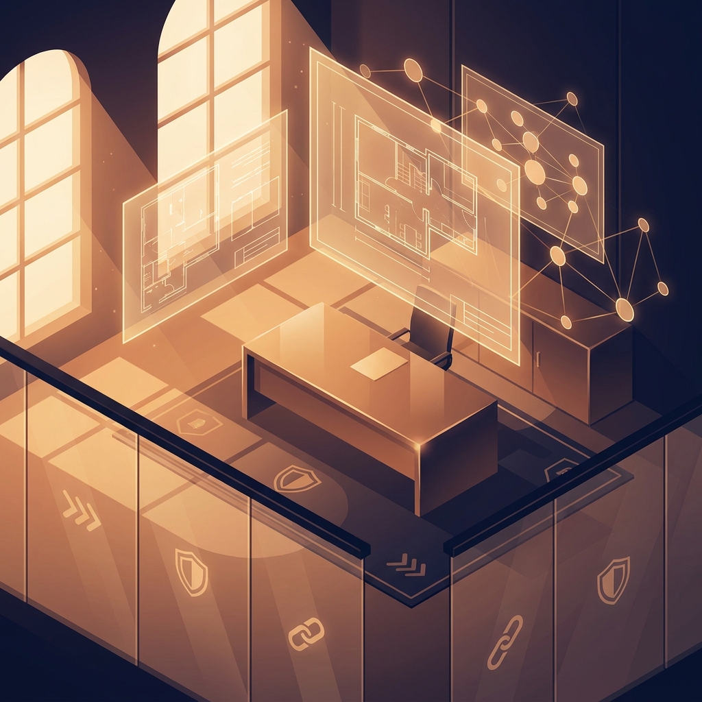 SEO content for financial planning firms visualized as glowing interconnected architecture over a modern financial office