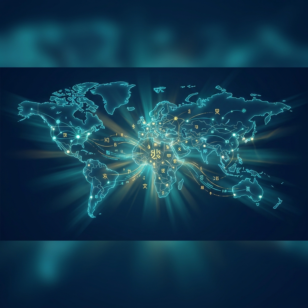 Glowing global content marketing automation platform network connecting continents with multilingual data streams